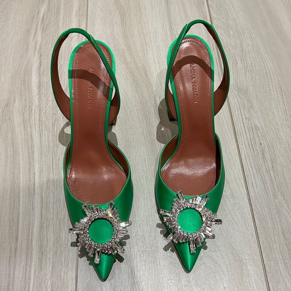Green Silk Amina Muaddi Begum Slingback embellished pump size 38.5
